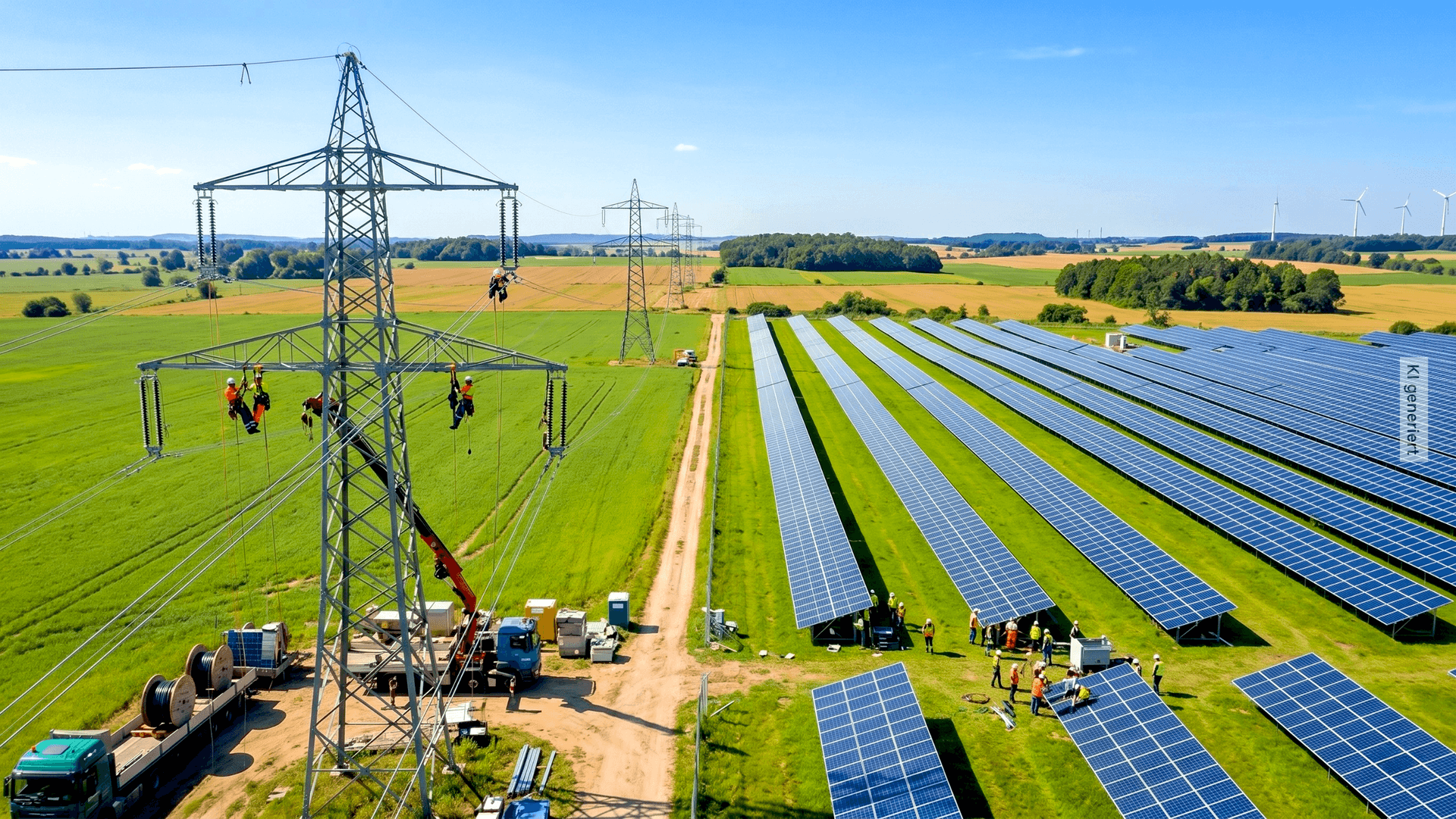 Solaranlage und Strommast auf einem Feld